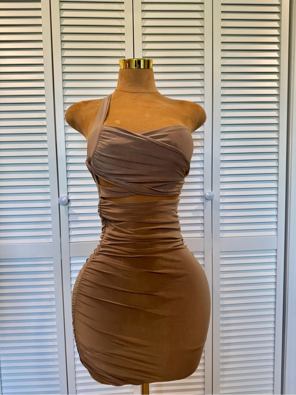 One-Shoulder Ruched Mini Dress in Brown